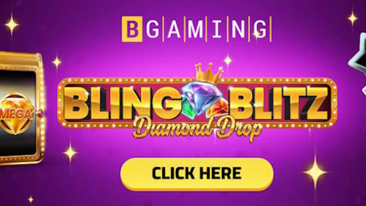 Tampilan visual mewah Bling Blitz Diamond Drop dengan simbol berlian dan koin emas.